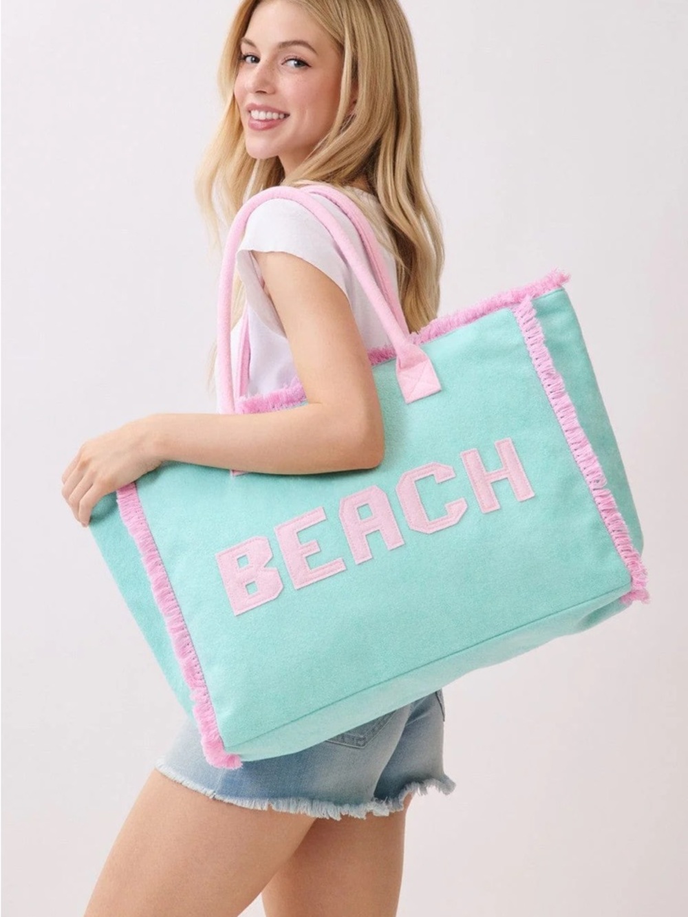 Aqua and Pink 'BEACH' Tote Bag - Women's Summer Tote